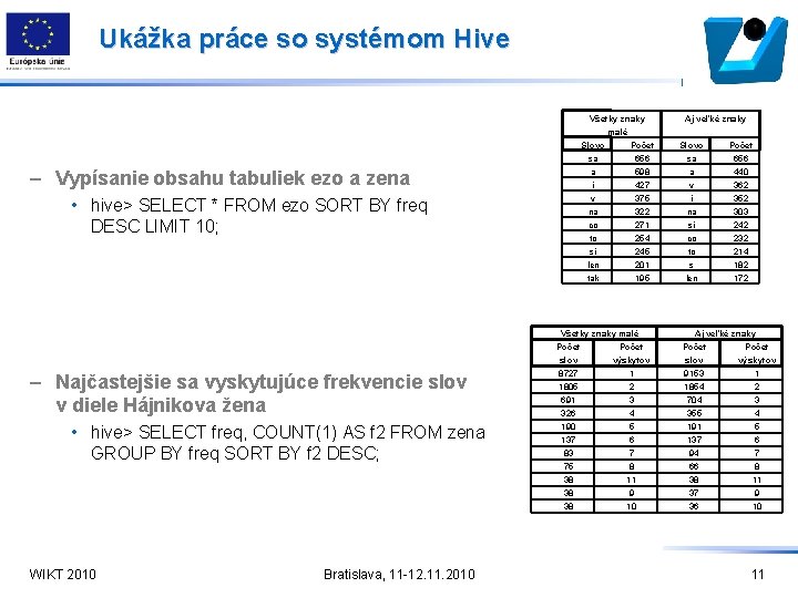 Ukážka práce so systémom Hive – Vypísanie obsahu tabuliek ezo a zena • hive>