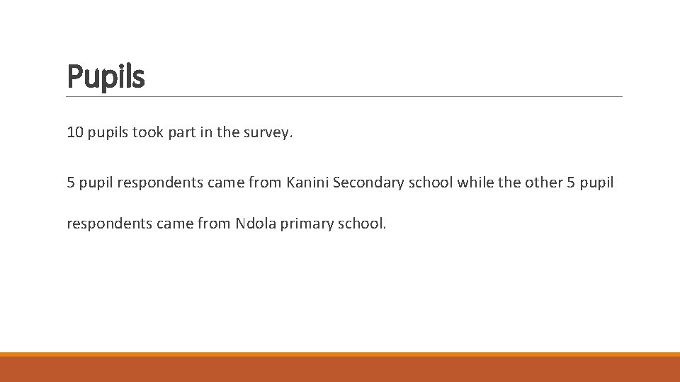 Pupils 10 pupils took part in the survey. 5 pupil respondents came from Kanini