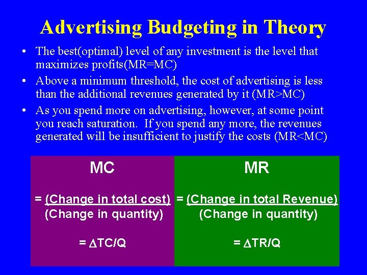 Advertising Budgeting in Theory • The best(optimal) level of any investment is the level