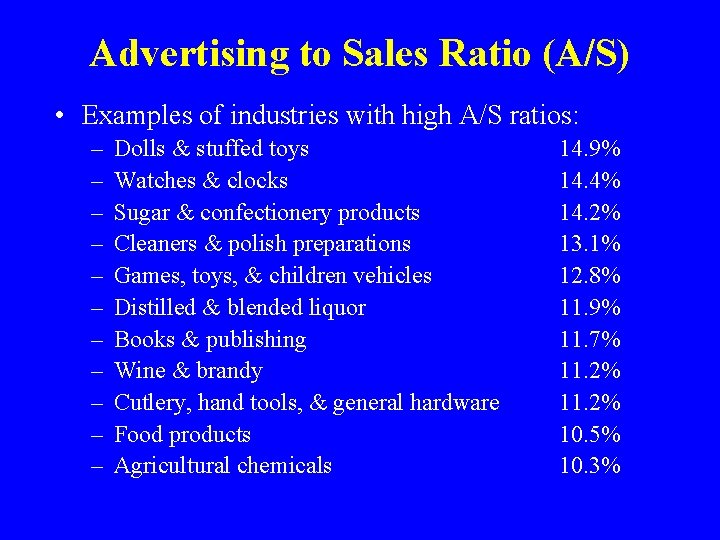 Advertising to Sales Ratio (A/S) • Examples of industries with high A/S ratios: –