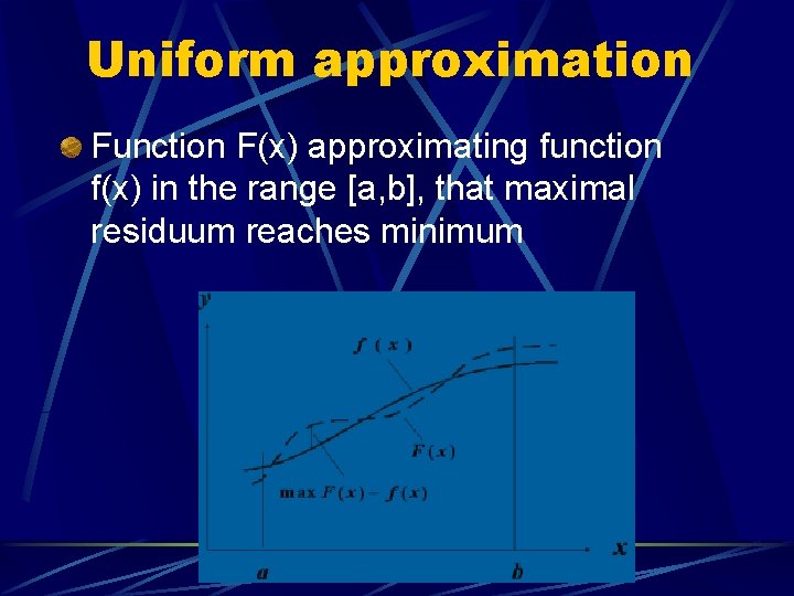 Uniform approximation Function F(x) approximating function f(x) in the range [a, b], that maximal