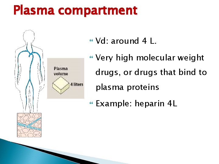 Plasma compartment Vd: around 4 L. Very high molecular weight drugs, or drugs that