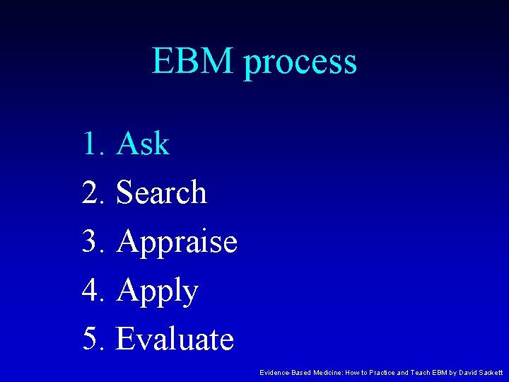 EBM process 1. Ask 2. Search 3. Appraise 4. Apply 5. Evaluate Evidence-Based Medicine: