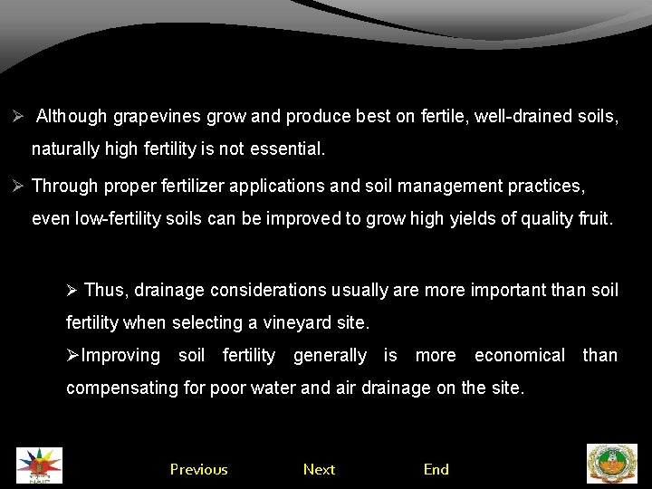  Although grapevines grow and produce best on fertile, well-drained soils, naturally high fertility