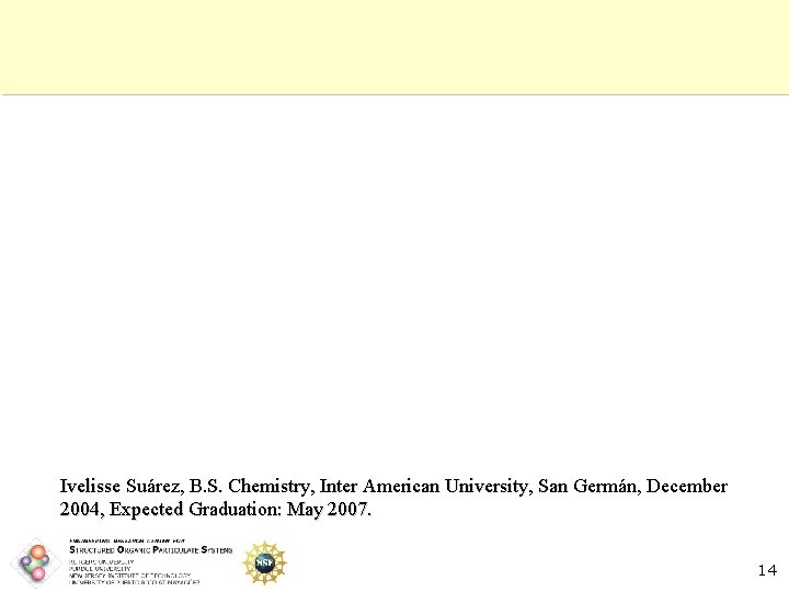 Ivelisse Suárez, B. S. Chemistry, Inter American University, San Germán, December 2004, Expected Graduation: