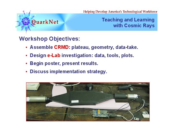 Teaching and Learning with Cosmic Rays Workshop Objectives: • Assemble CRMD: plateau, geometry, data-take.
