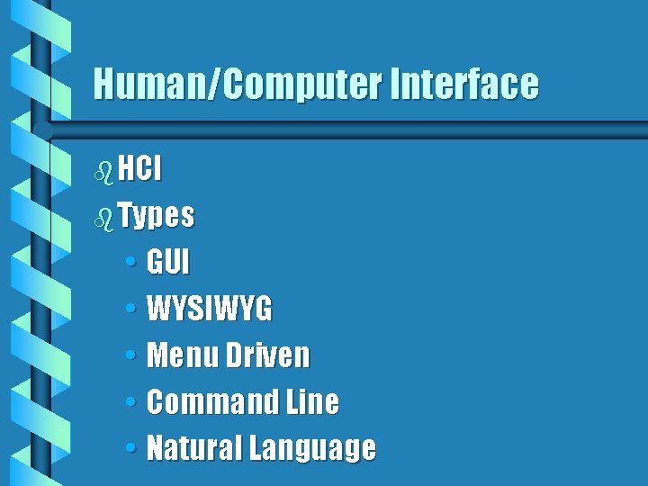 Human/Computer Interface b HCI b Types • GUI • WYSIWYG • Menu Driven •