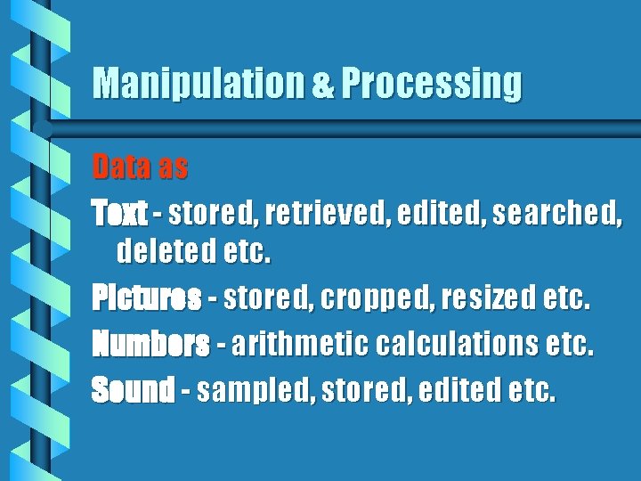 Manipulation & Processing Data as Text - stored, retrieved, edited, searched, deleted etc. Pictures