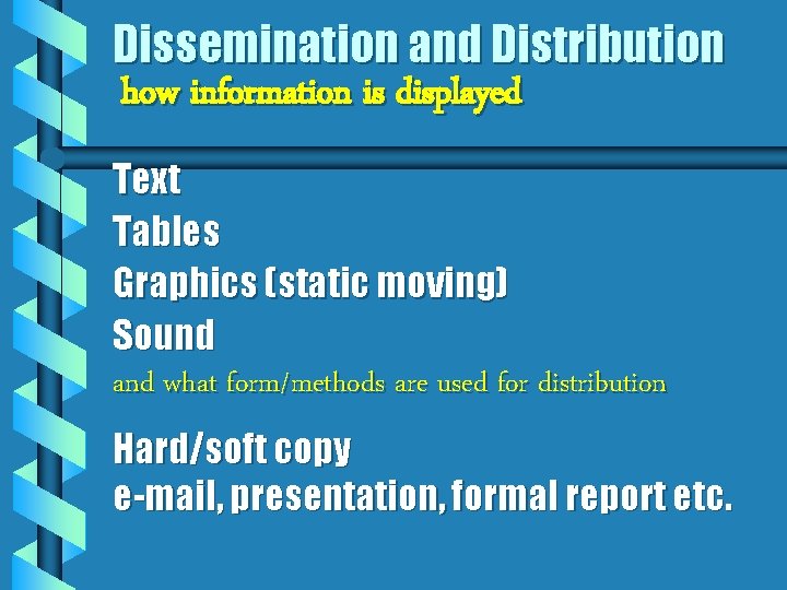 Dissemination and Distribution how information is displayed Text Tables Graphics (static moving) Sound and