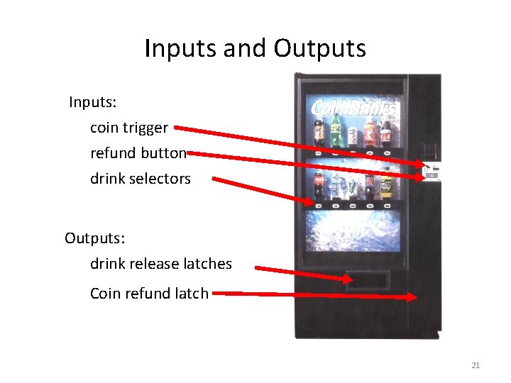 Inputs and Outputs Inputs: coin trigger refund button drink selectors Outputs: drink release latches Inputs and Outputs Inputs: coin trigger refund button drink selectors Outputs: drink release latches