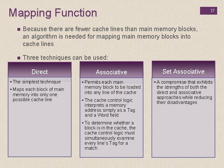 Mapping Function 37 n Because there are fewer cache lines than main memory blocks,