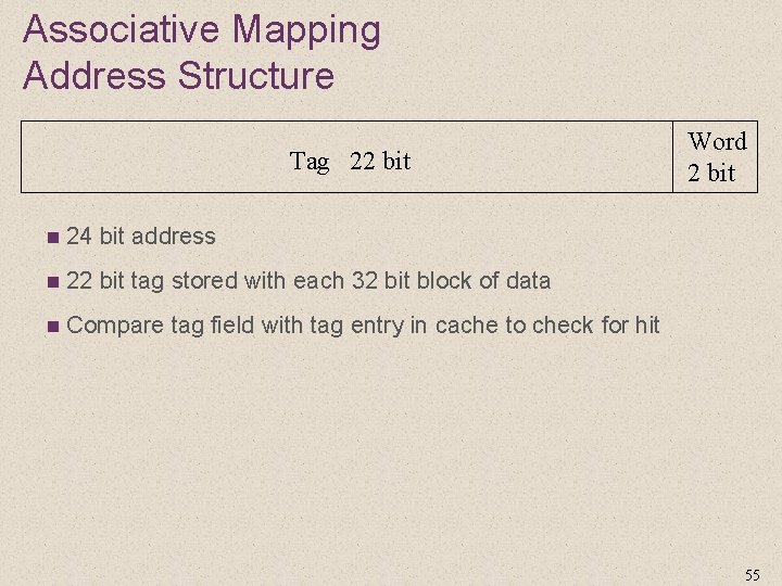 Associative Mapping Address Structure Tag 22 bit n 24 bit address n 22 bit