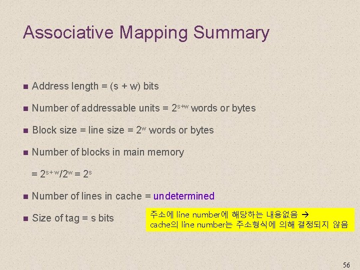 Associative Mapping Summary n Address length = (s + w) bits n Number of