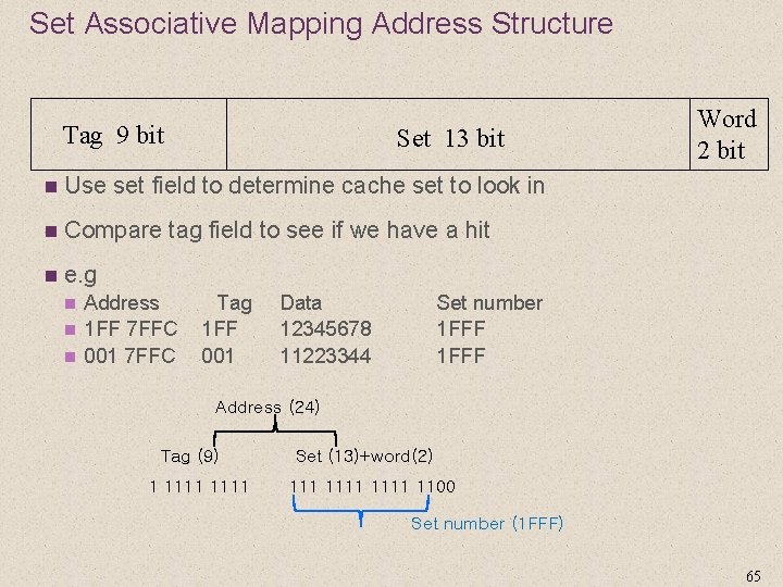 Set Associative Mapping Address Structure Tag 9 bit Set 13 bit n Use set