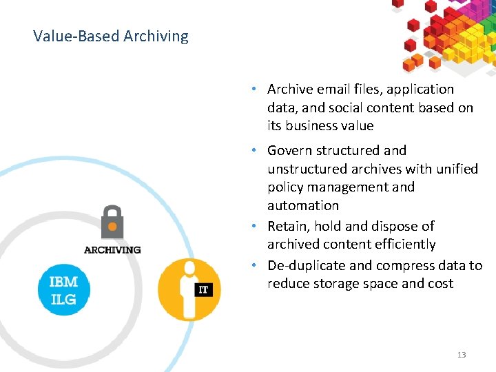Value-Based Archiving • Archive email files, application data, and social content based on its