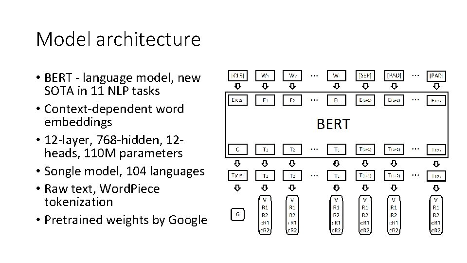 Model architecture • BERT - language model, new SOTA in 11 NLP tasks •