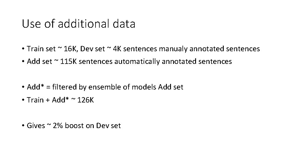 Use of additional data • Train set ~ 16 K, Dev set ~ 4