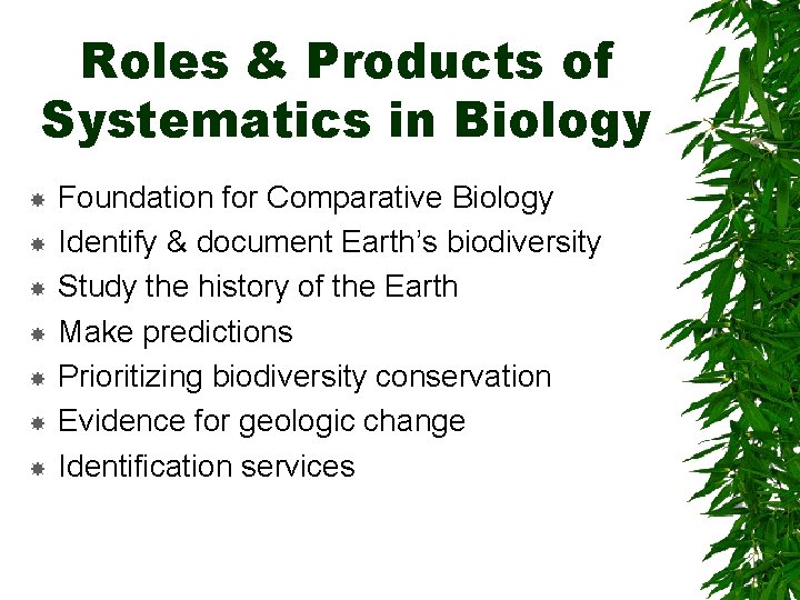 Roles & Products of Systematics in Biology Foundation for Comparative Biology Identify & document