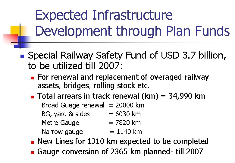 Expected Infrastructure Development through Plan Funds n Special Railway Safety Fund of USD 3.