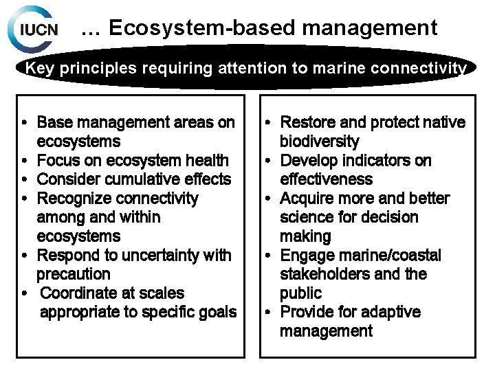 … Ecosystem-based management Key principles requiring attention to marine connectivity • Base management areas