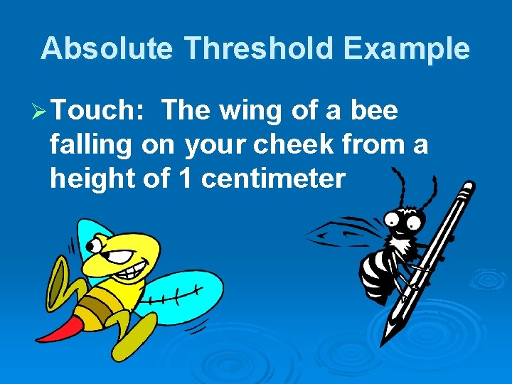 Absolute Threshold Example Ø Touch: The wing of a bee falling on your cheek