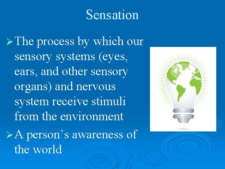 Sensation Ø The process by which our sensory systems (eyes, ears, and other sensory