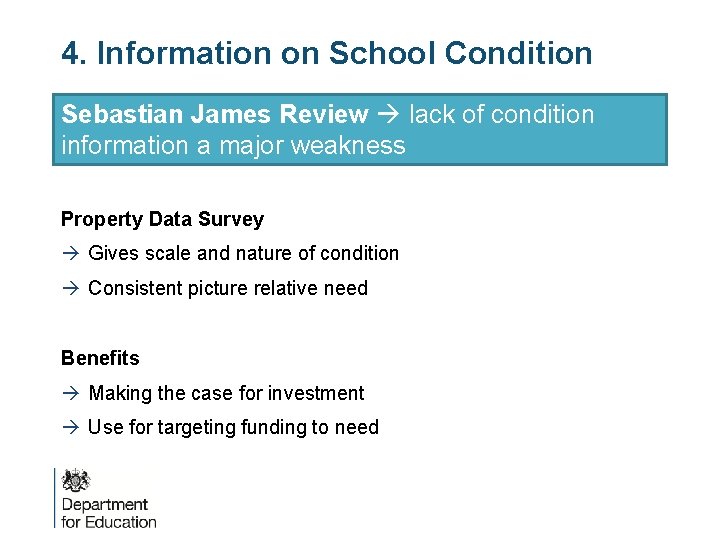 4. Information on School Condition Sebastian James Review lack of condition information a major