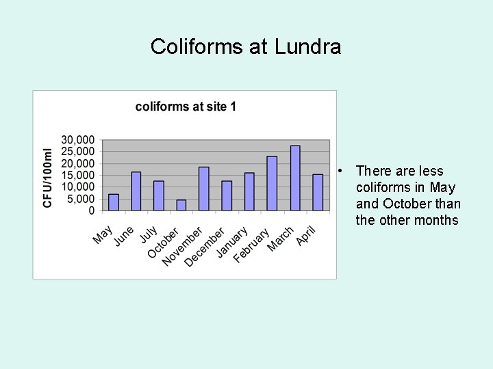 Coliforms at Lundra • There are less coliforms in May and October than the