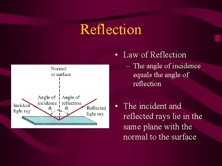 Reflection • Law of Reflection – The angle of incidence equals the angle of