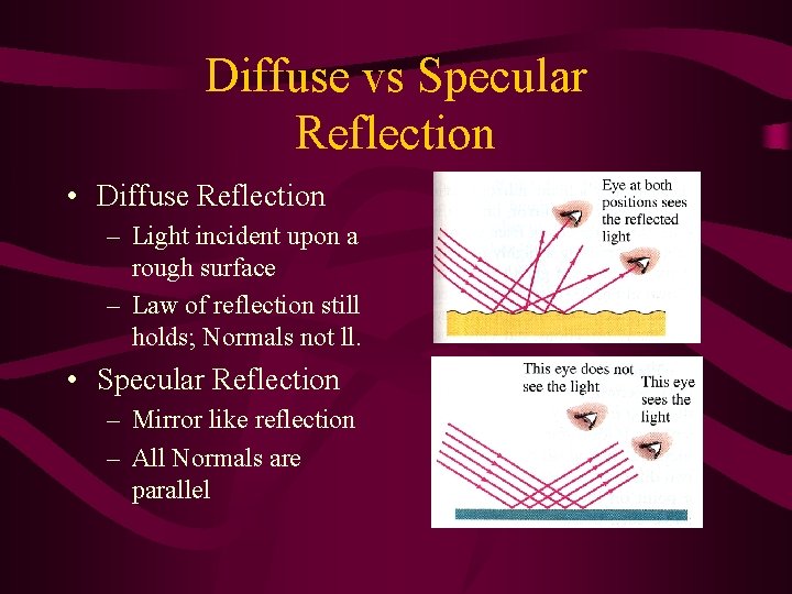 Diffuse vs Specular Reflection • Diffuse Reflection – Light incident upon a rough surface