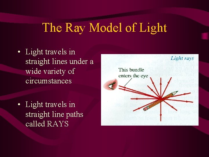 The Ray Model of Light • Light travels in straight lines under a wide