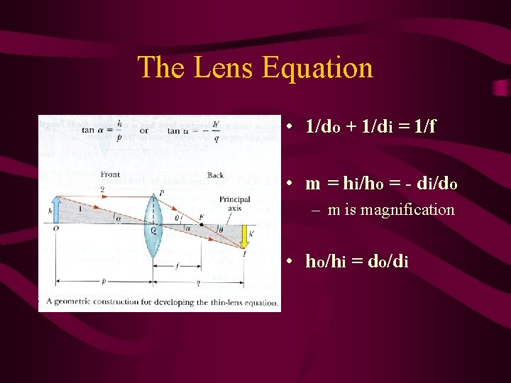 The Lens Equation • 1/do + 1/di = 1/f • m = hi/ho =