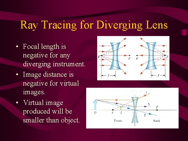 Ray Tracing for Diverging Lens • Focal length is negative for any diverging instrument.