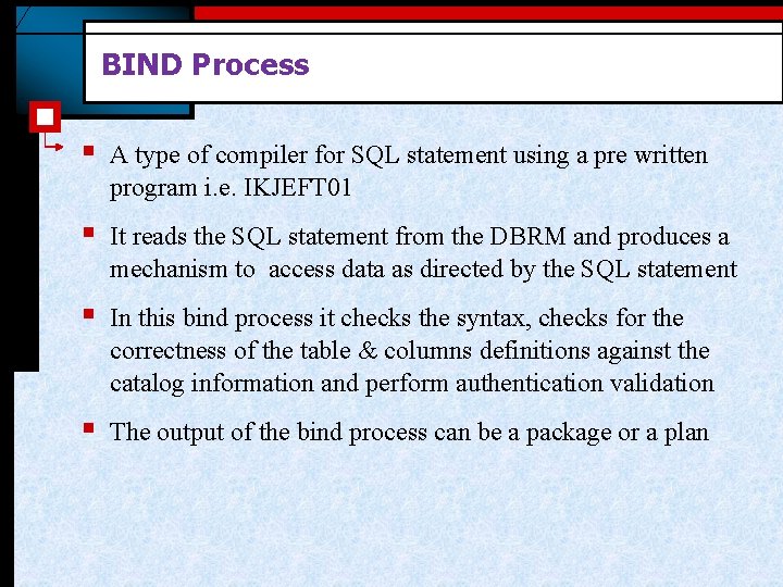 BIND Process § A type of compiler for SQL statement using a pre written