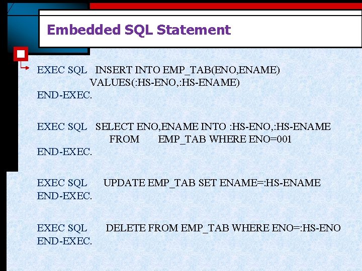 Embedded SQL Statement EXEC SQL INSERT INTO EMP_TAB(ENO, ENAME) VALUES(: HS-ENO, : HS-ENAME) END-EXEC