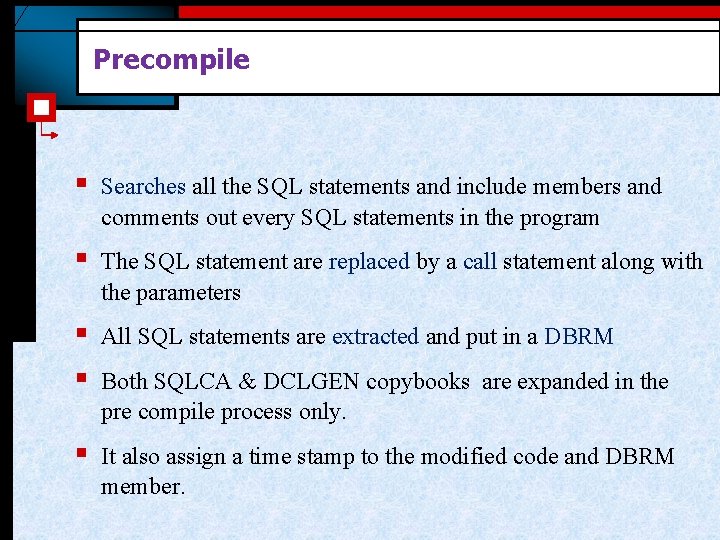 Precompile § Searches all the SQL statements and include members and comments out every