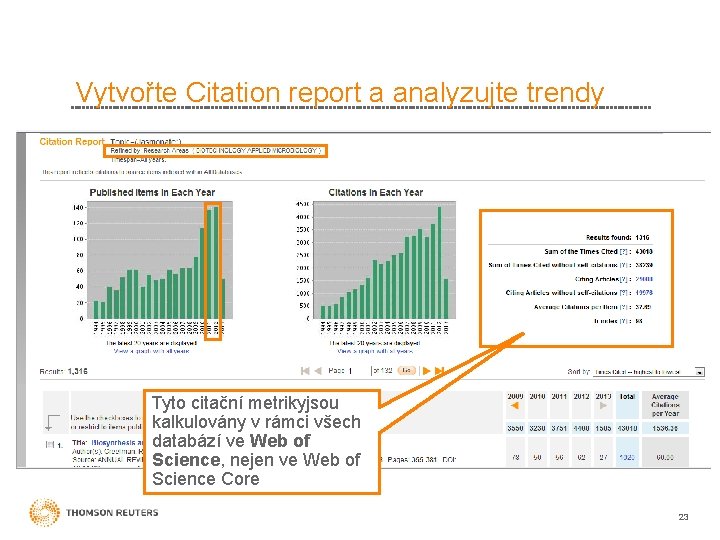 Vytvořte Citation report a analyzujte trendy Tyto citační metrikyjsou kalkulovány v rámci všech databází