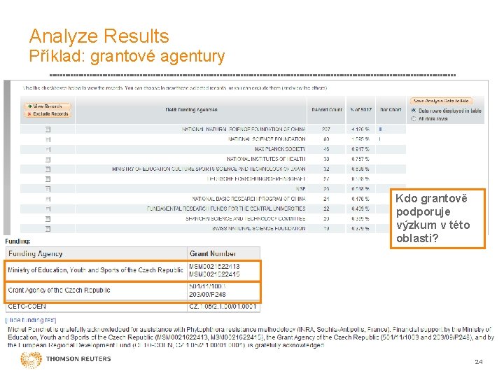 Analyze Results Příklad: grantové agentury Kdo grantově podporuje výzkum v této oblasti? 24 