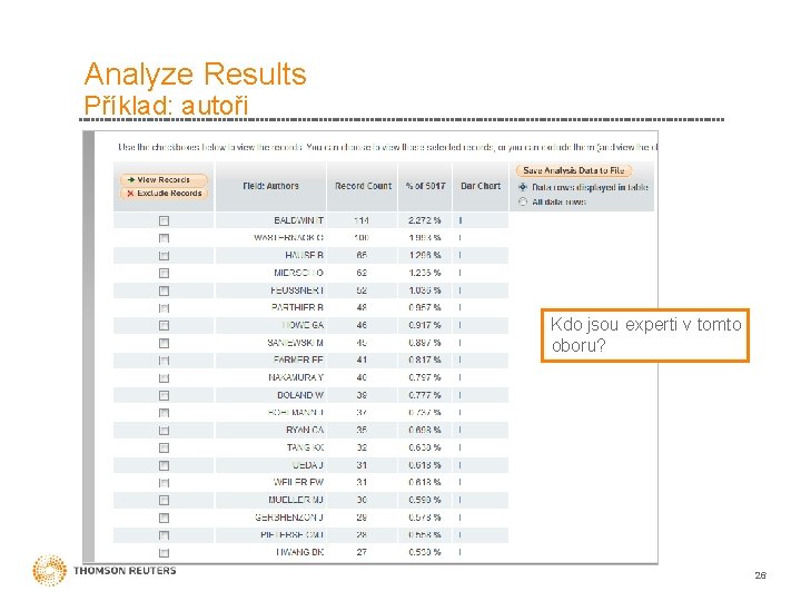 Analyze Results Příklad: autoři Kdo jsou experti v tomto oboru? 26 