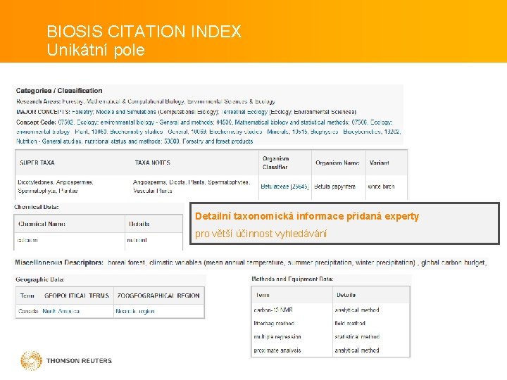 BIOSIS CITATION INDEX Unikátní pole Detailní taxonomická informace přidaná experty pro větší účinnost vyhledávání