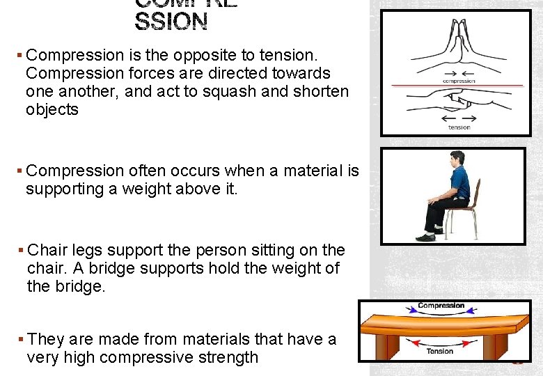 § Compression is the opposite to tension. Compression forces are directed towards one another,
