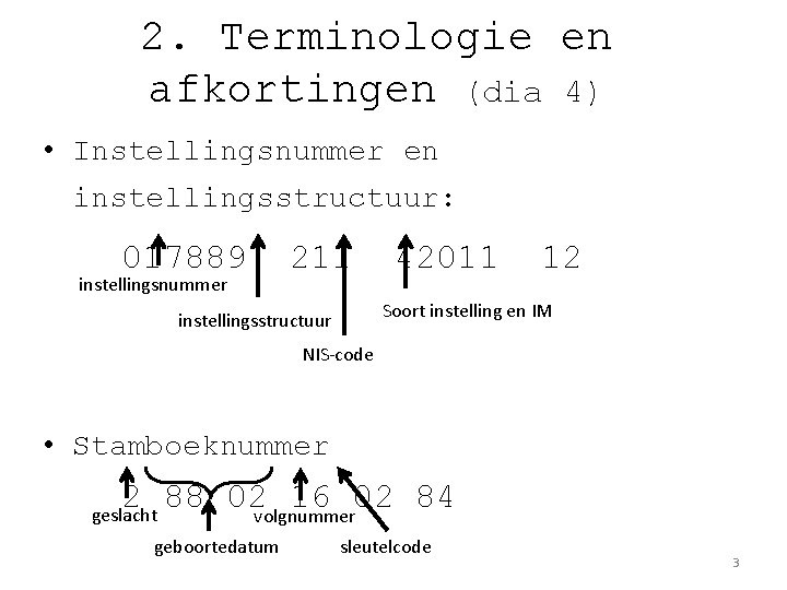 2. Terminologie en afkortingen (dia 4) • Instellingsnummer en instellingsstructuur: 017889 instellingsnummer 211 42011