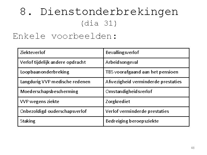 8. Dienstonderbrekingen (dia 31) Enkele voorbeelden: Ziekteverlof Bevallingsverlof Verlof tijdelijk andere opdracht Arbeidsongeval Loopbaanonderbreking