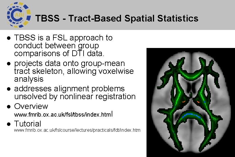 TBSS - Tract-Based Spatial Statistics l l l TBSS is a FSL approach to