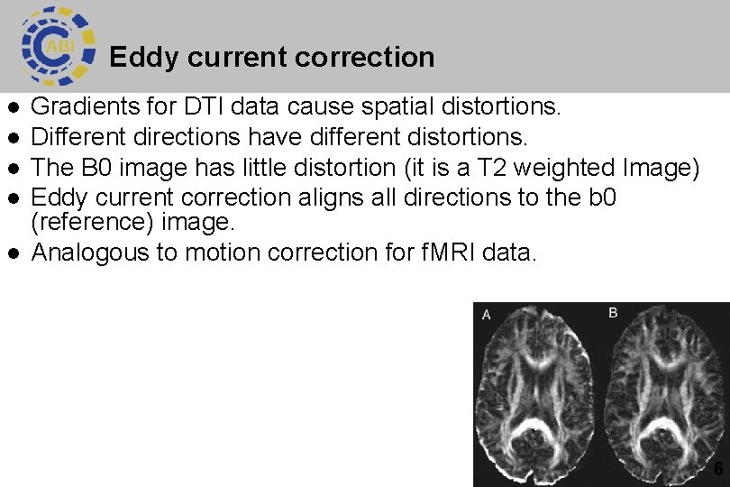 Eddy current correction l l l Gradients for DTI data cause spatial distortions. Different