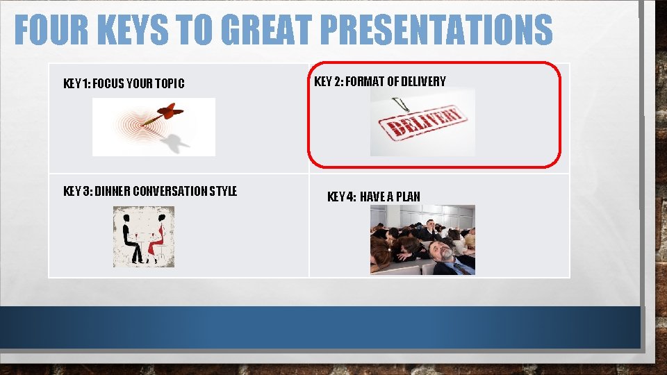FOUR KEYS TO GREAT PRESENTATIONS KEY 1: FOCUS YOUR TOPIC KEY 2: FORMAT OF