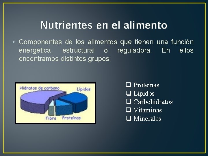 Nutrientes en el alimento • Componentes de los alimentos que tienen una función energética,