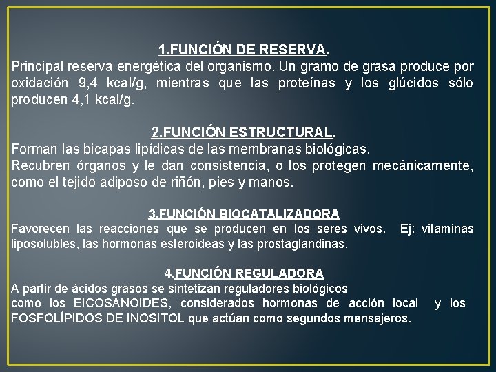 1. FUNCIÓN DE RESERVA. Principal reserva energética del organismo. Un gramo de grasa produce