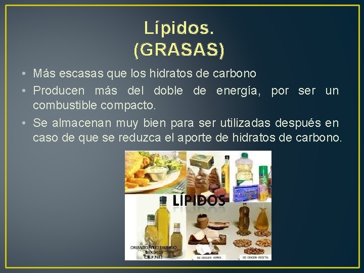 Lípidos. (GRASAS) • Más escasas que los hidratos de carbono • Producen más del