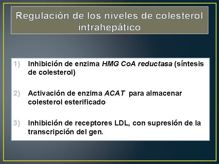 Regulación de los niveles de colesterol intrahepático 1) Inhibición de enzima HMG Co. A